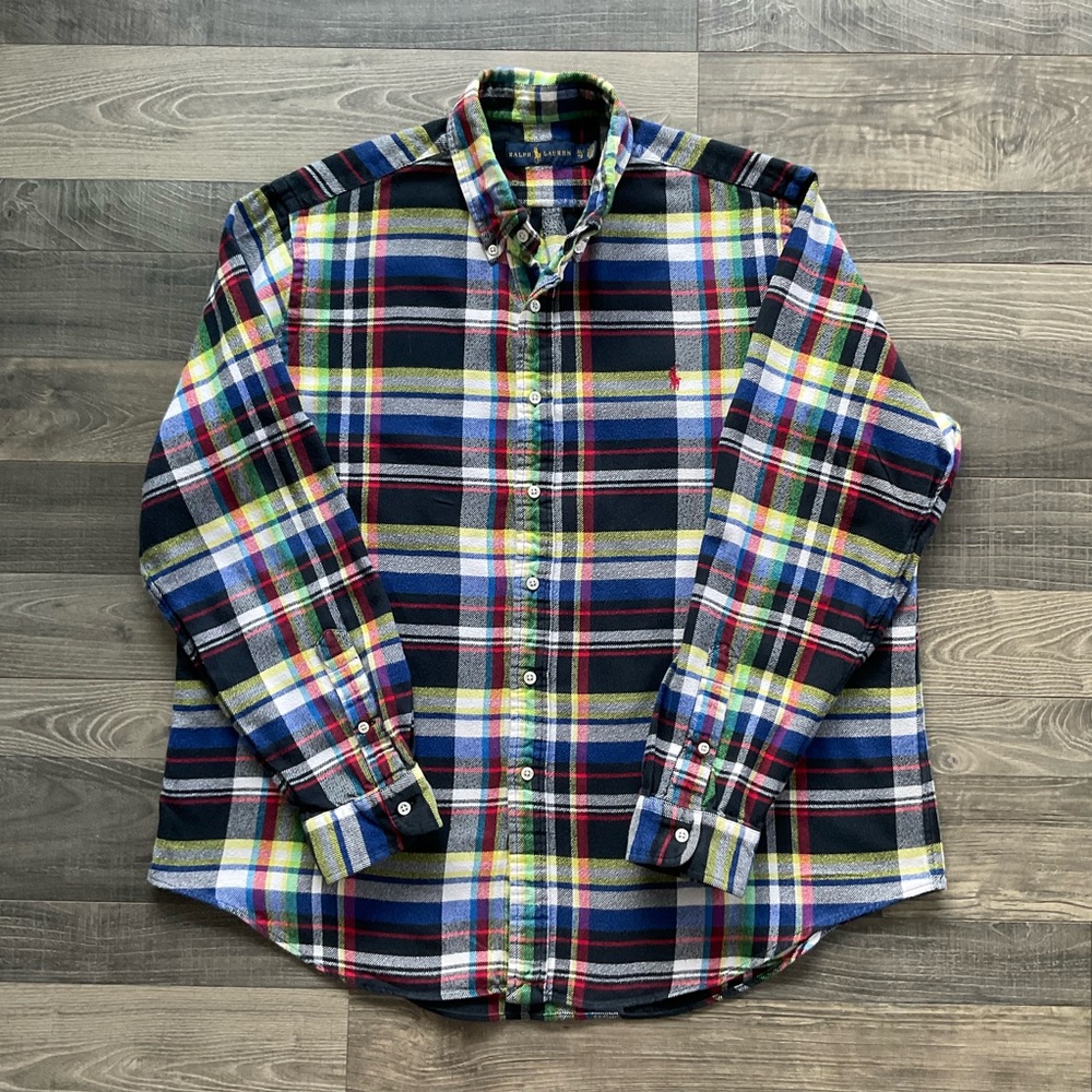 Ralph Lauren Flannel Shirt Mens XL Blue Red White Yellow Green Plaid Button Down